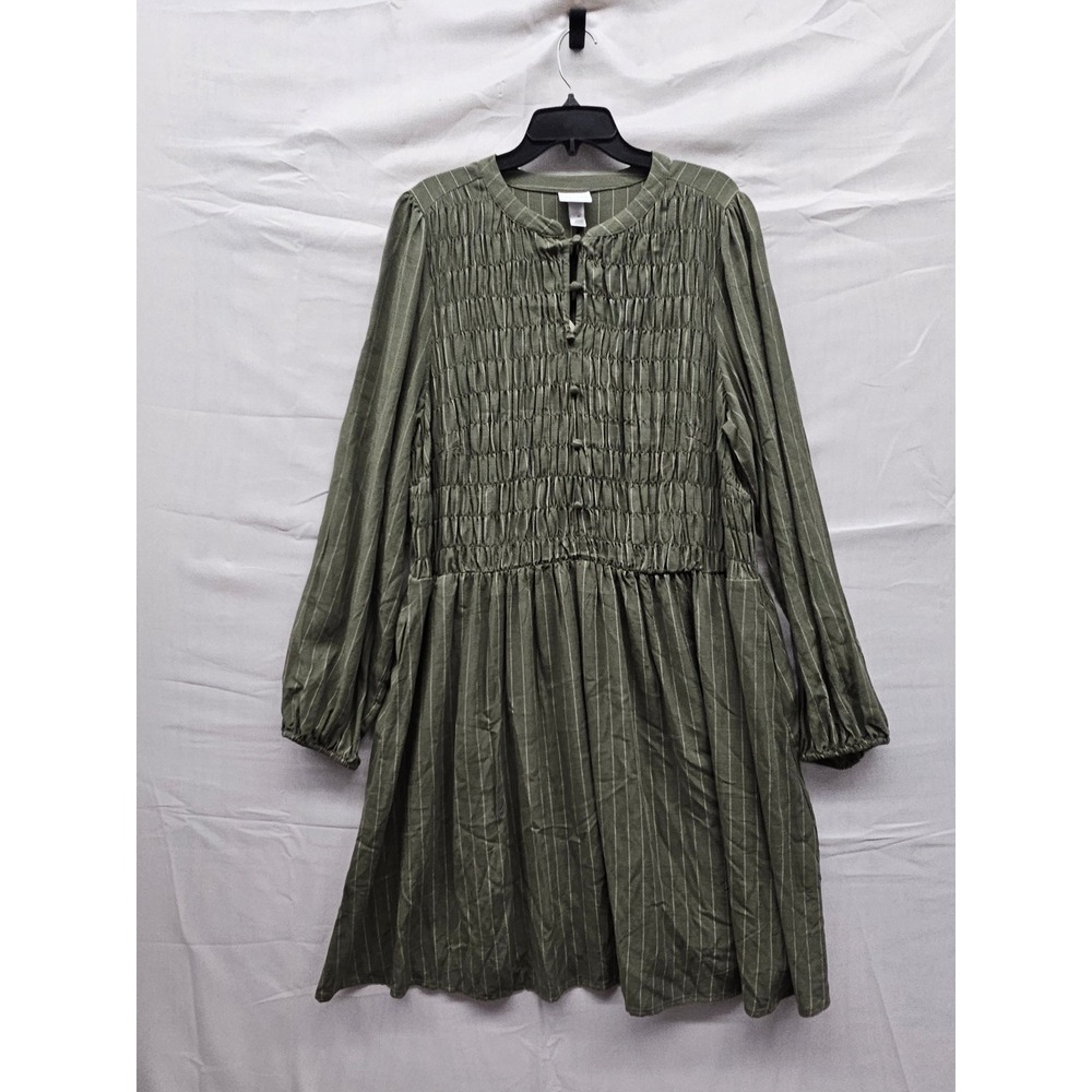 Ava‎ & Viv Womens Olive Stripe Rayon Smocked Bodice Casual Dress Size 1X